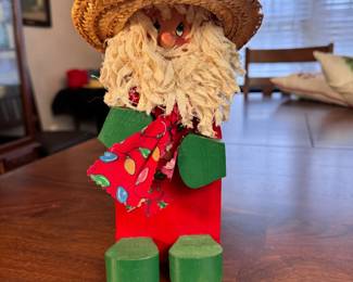 Wooden Santa with straw hat 9"H