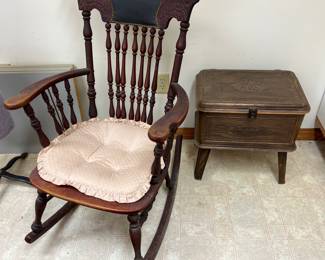 Antique rocking chair, and vintage sewing cabinet.