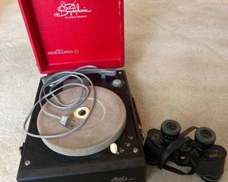 Vintage Symphonic record player, binoculars
