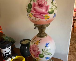 2nd quarter 20th century double painted glass globe shades hurricane lamp “ Gone with the wind lamp”