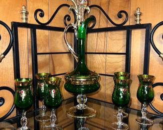 Bohemian Green Glass Decanter & Six Cordial Glasses