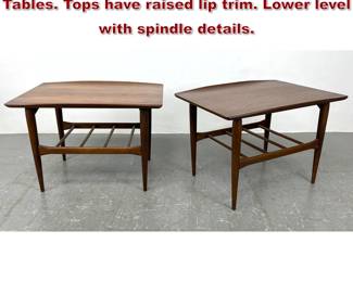 Lot 164 Pr American Modern Walnut Side Tables. Tops have raised lip trim. Lower level with spindle details. 