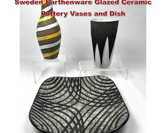 Lot 54 3pc Danish Modern Upsala Ekeby Sweden Earthenware Glazed Ceramic Pottery Vases and Dish