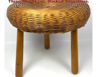 Lot 423 Woven Wicker Round Foot Stool. Three Wood Legs. Marked Yugoslavia. 