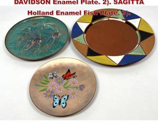 Lot 27 3pc Chargers Plates. 1. ANNEMARIE DAVIDSON Enamel Plate. 2. SAGITTA Holland Enamel Fish Plate. 3.