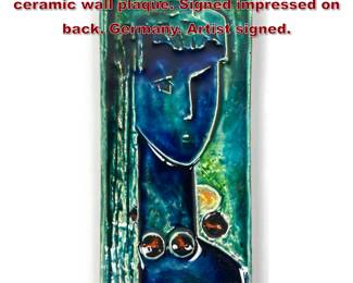 Lot 221 Figural SCHAFFENACKER Pottery ceramic wall plaque. Signed impressed on back. Germany. Artist signed.