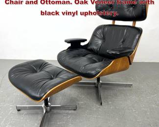 Lot 407 2pc Charles Eames style Lounge Chair and Ottoman. Oak Veneer frame with black vinyl upholstery. 