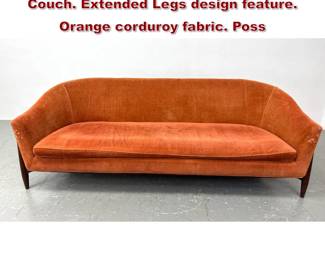 Lot 485 Stylish Modernist Upholstered Sofa Couch. Extended Legs design feature. Orange corduroy fabric. Poss