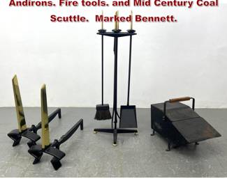 Lot 139 Donald Deskey Fireplace Set. Andirons. Fire tools. and Mid Century Coal Scuttle. Marked Bennett. 