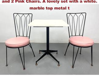 Lot 381 1950s Style Cafe Patio Marble Table and 2 Pink Chairs. A lovely set with a white. marble top metal t