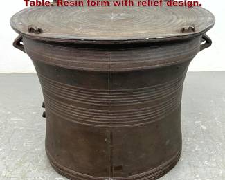 Lot 391 Southeast Asian Rain Drum style Table. Resin form with relief design. 