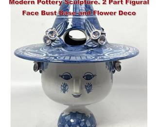 Lot 60 Large BJORN WIINBLAD Danish Modern Pottery Sculpture. 2 Part Figural Face Bust Base and Flower Deco