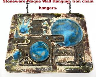 Lot 222 Mid Century Modern Abstract Stoneware Plaque Wall Hanging. Iron chain hangers. 