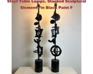 Lot 308 2pc Tall Sculptural Brutalist Welded Steel Table Lamps. Stacked Sculptural Elements in Black Paint F