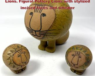 Lot 37 3pc LISA LARSON for GUSTAVSBERG Lions. Figural Pottery Lions with stylized incised faces and whisker