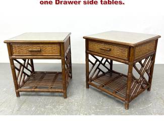 Lot 446 Pair of rattan and wicker glass top one Drawer side tables. 