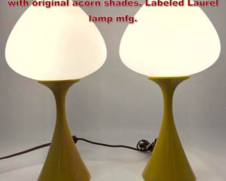 Lot 236 Pair Yellow vintage Laurel lamps with original acorn shades. Labeled Laurel lamp mfg. 