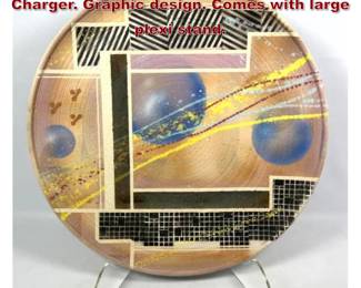 Lot 5 28 Dia Large Artisan Studio Pottery Charger. Graphic design. Comes with large plexi stand. 