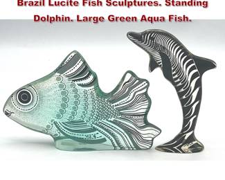 Lot 48 2pc Signed ABRAHAM PALATNIK Brazil Lucite Fish Sculptures. Standing Dolphin. Large Green Aqua Fish.