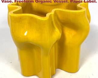 Lot 68 RAYMOR Bright Yellow Glazed Pottery Vase. Freeform Organic Vessel. Paper Label. 