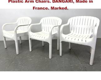 Lot 395 3pc French Outdoor Patio Molded Plastic Arm Chairs. DANGARI, Made in France. Marked. 