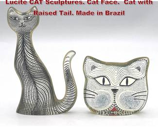 Lot 46 2pc ABRAHAM PALATNIK Brazil Lucite CAT Sculptures. Cat Face. Cat with Raised Tail. Made in Brazil