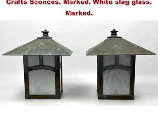 Lot 84 Arroyo Craftsman Verdigris Arts and Crafts Sconces. Marked. White slag glass. Marked. 