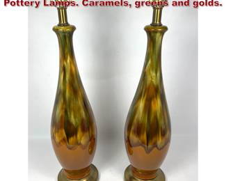 Lot 443 Pr Ombre Glazed Teardrop form Pottery Lamps. Caramels, greens and golds. 