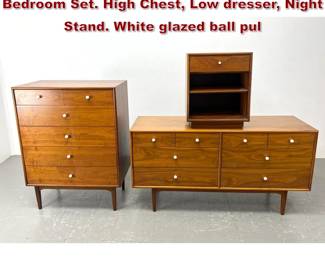 Lot 442 3pcs KIP STEWART for DREXEL Bedroom Set. High Chest, Low dresser, Night Stand. White glazed ball pul