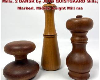 Lot 101 3pc Danish Modern Teak Pepper Mills. 2 DANSK by JENS QUISTGAARD Mills Marked. Middle height Mill ma