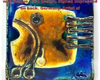 Lot 220 SCHAFFENACKER Pottery ceramic wall plaque. Fish design. Signed Impressed on back. Germany. Artist si