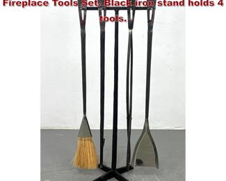 Lot 89 Modernist Chrome Handle Iron Fireplace Tools Set. Black iron stand holds 4 tools. 