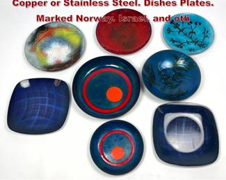 Lot 259 8pc Enamel Ware. Enamel on Copper or Stainless Steel. Dishes Plates. Marked Norway. Israel. and oth