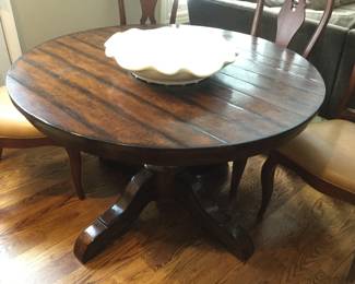 4' Round Ethan Allen Distressed Wood Plank Pedestal Table, with 22" leaf 