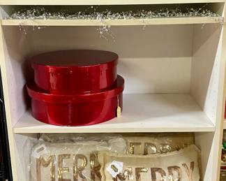 Holly Lamp Globes, Gift Boxes, “Merry” Pillows, Red Tray, Ornaments 