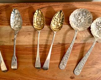 Awesome early & large Sterling Silver Repousse Serving Spoons