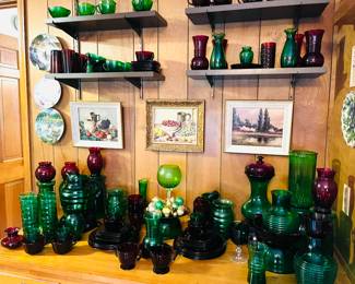 Hunter green and ruby red depression glass