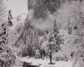 31
Ansel Adams
1902-1984
"El Capitan - Winter"
Gelatin silver print on paper mounted to a board mount
Edition: 498 of S.E.Y. [special edition Yosemite], printed 1958-1972
Signed in ink on the mount, at right: Ansel Adams; titled, numbered and inscribed No. 17, all in ink in the corresponding blanks of the special edition Photographs of Yosemite black ink stamp on the verso of the mat board mount
Image/Sheet: 9.75" H x 7.5" W; Mount: 16.375" H x 13.5" W
Estimate: $2,000 - $3,000