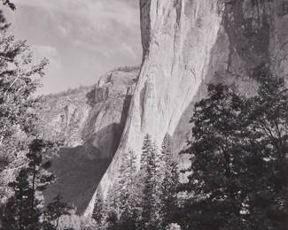 30
Ansel Adams
1902-1984
"El Capitan"
Gelatin silver print on paper mounted to a board mount
Edition: 529 of S.E.Y. [special edition Yosemite], printed 1958-1972
Signed in ink on the mount, at right: Ansel Adams; titled, numbered and inscribed No. 3, all in ink in the corresponding blanks of the special edition Photographs of Yosemite black ink stamp on the verso of the mat board mount
Image/Sheet: 9.75" H x 7" W; Mount: 16.5" H x 13.375" W
Estimate: $2,000 - $3,000