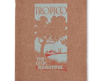 42
Henderson, G. C.; Oliver, Robt. A.; And Weston, Edward
"Tropico: The City Beautiful," 1915
Multi-page promotional booklet illustrated with numerous sepia-tone photographs by Weston, in-texte, on smooth off-white paper, and brown paper covers with letterpress image and title printed in colors, with stitch binding; according to the title page, this was an "Official Program and Souvenir of the Knights of Pythias Carnival, given by Visor and Miraderia Lodges at Tropico, California, Thursday, June 24, 1915;" The Valley Press, Tropico, CA, pub.
Booklet: 9.5" H x 6" W x 0.25" D
Estimate: $300 - $500