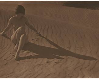 5
Edward Weston
1886-1958
"Undulating Sand [Mather On Beach]," 1923
Palladium print on paper hinged to a thin board mount
Signed, titled, and dated in pencil at the lower edge of the mount: Edward Weston; signed and dated again, inscribed and with notations in pencil, all verso: California
Image/Sheet: 6.875" H x 9.187" W; Mount: 18" H x 14" W
Estimate: $50,000 - $70,000