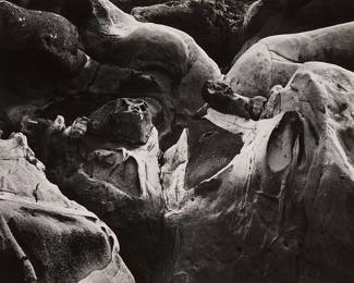 21
Edward Weston
1886-1958
"Rock Erosion, Point Lobos," 1938
Gelatin silver print on paper mounted to a board mount
Initialed and dated in pencil on the mount, at right: EW; dated again and with a notation in pencil on the mount, verso: PL-R-21g
Image/Sheet: 7.625" H x 9.625" W; Mount: 14.875" H x 15.625" W
Estimate: $6,000 - $8,000