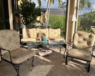 Vintage Mid Century Chantilly Rose Wrought Iron Outdoor Patio Set -Sofa and 2 Chairs and Table.                                        Like It? Buy it Now