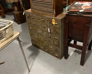 ANTIQUE TOBACCO DRYING CABINET & HEAVY HAND MADE PARTS CABINET WITH CRAZed PATINA