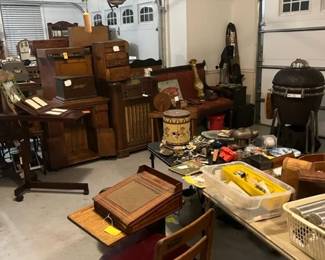 ANTIQUE BOSTON ADJUSTABLE SCHOOL DESK, LAP WRITING DESK AND MISCELLANEOUS