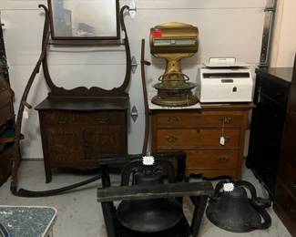 ANTIQUE DRESSERS, SCALES,  NO 20 CAST IRON BELL, NO 3 FARM BELL