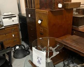 6 DRAWER CARD FILE, 4 DRAWER OAK LEGAL FILING CABINET.  ART DECO  TABLE