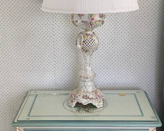 One of a pair of Dresden Lamps and one of a pair of bedside tables