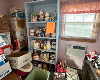 cookie jars, dolls, desk, trunk, linens, clothing, fur coats