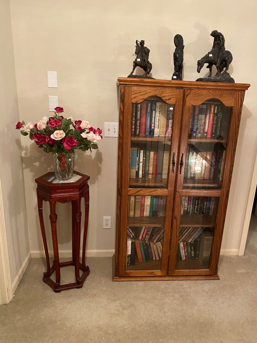 Library cabinet, beautiful plant stand, cast iron figurines 